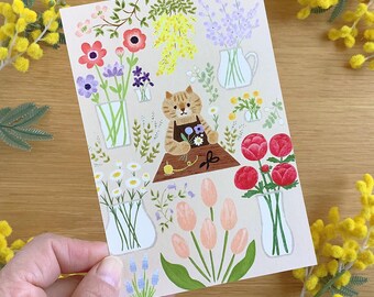 Pocztówka z kotem w kwiaciarni, ilustrowana pocztówka 4Legs