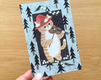 Carte postale chat violon, carte postale illustrée 4 pieds, carte de voeux forêt de pins, carte d'anniversaire chat tigré orange