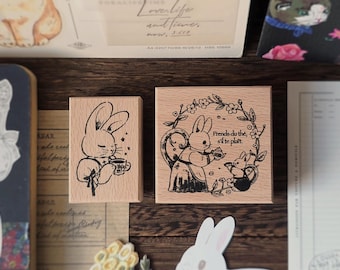 Teapot Bunny Rubber Stamp, Kumayankee Original Design Rabbit Stamp for Journaling and Crafting