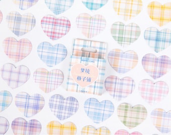 Hearts Stickers Set, Dream Lattice Shop Paper Stickers Pack, Plaid Pattern Hearts Art Journal Sticker Pack, Pastel Planner Sticker Flakes