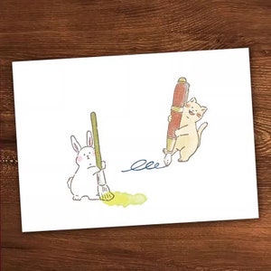 May include: A white rabbit holding a yellow paintbrush and a yellow paint splatter on the floor. A cat holding a gold and red pen is drawing a line on the floor.