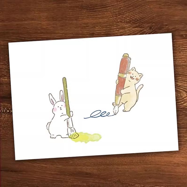 May include: A white rabbit holding a yellow paintbrush and a yellow paint splatter on the floor. A cat holding a gold and red pen is drawing a line on the floor.