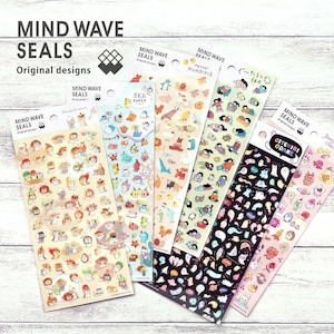 May include: Five sheets of colorful stickers with various designs. The stickers feature cute cartoon animals, sea creatures, and other whimsical characters. The stickers are packaged in clear plastic bags with the brand name "Mind Wave Seals" printed on them.