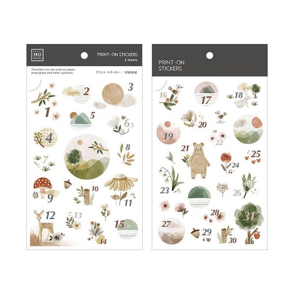 MU Lifestyle Print On Stickers 165, Calendar Rub On Sticker Sheet, Forest Animals, Bear, Bunny, Deer, Woodland Print On Stickers for Planner