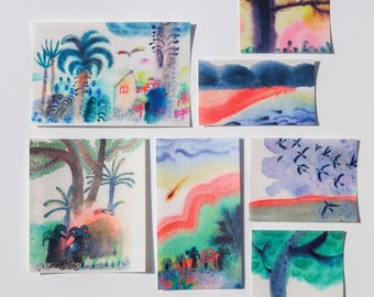 Painted Landscape Memo Paper Set, Colorful Scenery Decoupage Paper