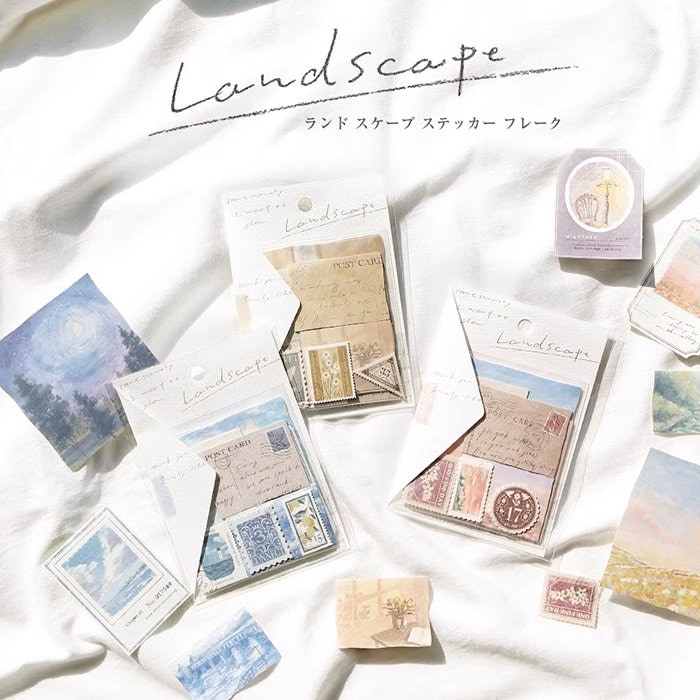 Mind Wave Landscape Sticker Flakes Pack, Die-Cut Stamp Sticker Flakes, Nature Themed Japanese Sticker Flakes, Forest, Flower Field
