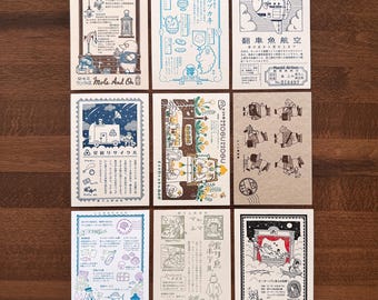 Kyupodo Letterpress Postcards 2025 Designs, Fantasy Inspired Postcard, Mole Post Office, Zeppelin, Steampunk, Mermaid, Japanese Postcard