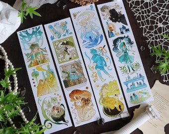 Könnte beinhalten: Vier Blätter mit dekorativen Aufklebern mit Illustrationen von Menschen und Natur. Die Aufkleber sind auf weißem Papier mit glänzendem Finish gedruckt. Die Illustrationen sind im skurrilen Stil gehalten und zeigen eine Vielzahl von Farben, darunter Blau, Grün, Gelb und Rosa.