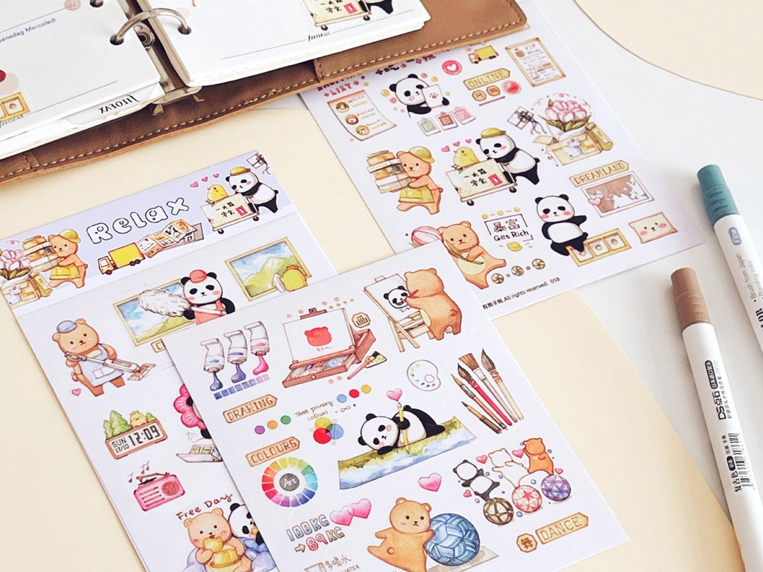 Work Hard and Leisure Time Stickers Sheet, Panda and Brown Bear Daily ...