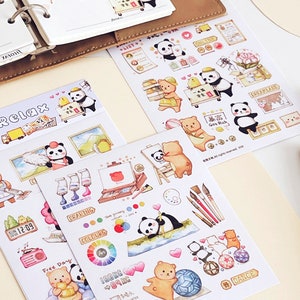 Folha de adesivos para trabalho duro e lazer, panda e urso marrom, vida diária, criação EverEin, ilustração original, adesivos com corte de beijo