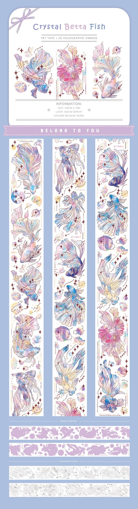Tape Sample, Betta Fish Washi Tape Sample, Extra Wide Gold Foil and 3D Holographic Emboss PET Tape, Galaxy, Pastel Tape