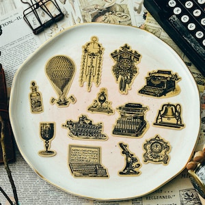 Vintage Objects Illustration Kraft Stickers Pack, Monochrome, Sac d’autocollants de machine à écrire, Planificateur, Scrapbooking, Tea Ephemera