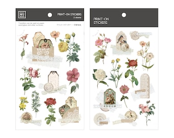 May include: Two sheets of floral print-on stickers with a variety of images including flowers, birds, and vintage tags. The stickers are designed for use on paper, wood, glass, and other surfaces.