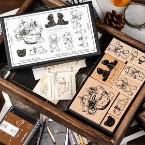 Set van 10 houten stempels vintage beren, origineel ontwerp Reco Studio, teddybeer, snoep, kasteelstempel voor plakboek en dagboek