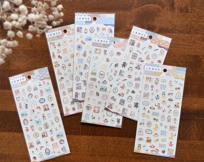 Mind Wave Lampo Mini Series Sticker Sheets, Animals Daily Life, Fox, Bear, Bunny, Kawaii Stickers for Journal, Planner, Japanese Stationery