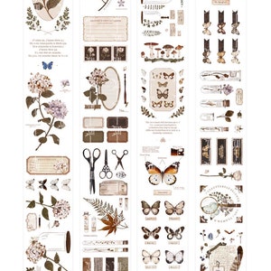 May include: Decorative washi and PET tape rolls featuring floral and butterfly illustrations. The tape includes images of hydrangeas, butterflies, scissors, and botanical elements. Each roll is 5.5cm wide and 10m long.