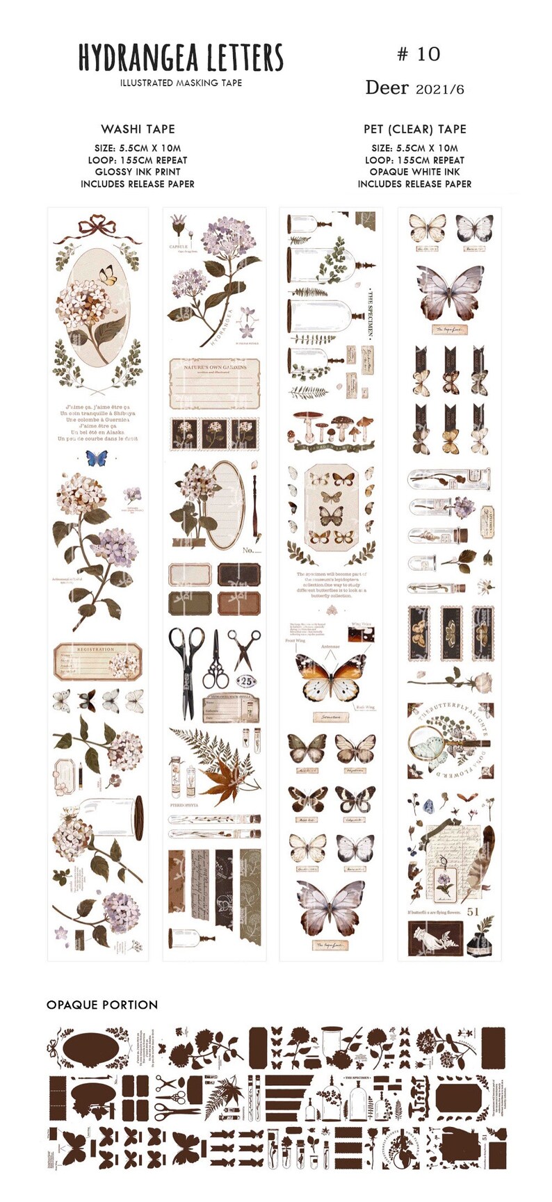May include: Decorative washi and PET tape rolls featuring floral and butterfly illustrations. The tape includes images of hydrangeas, butterflies, scissors, and botanical elements. Each roll is 5.5cm wide and 10m long.