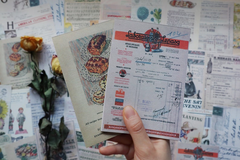 May include: Two vintage paper ephemera cards. One card features a recipe for a sweet bread with a lace doily and a handwritten note. The other card is a receipt from Laboratoires Lepasq, Lyon, France, dated July 22, 1939.