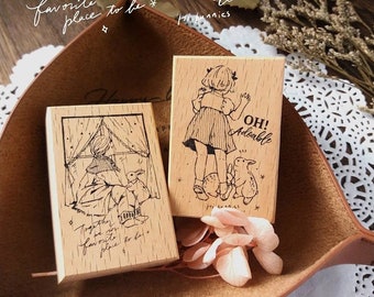 Ensemble de 2 Bunny Encounter Rubber Stamp, Kumayankee Original Design Girl et Rabbit Wooden Stamp pour journalisation, thème vintage