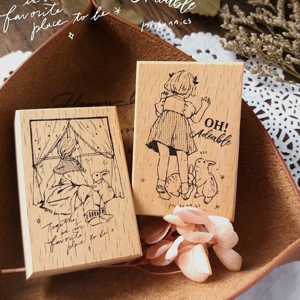 Set of 2 Bunny Encounter Rubber Stamp, Kumayankee Original Design Girl and Rabbit Wooden Stamp for Journaling, Vintage Theme