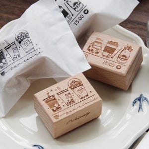 Milk Tea and Milk Carton Wood Mounted Stamps, Bobba, Neinei Illustration Original Design, Cafe Food and Drinks Stamp for Journal, Scrapbook