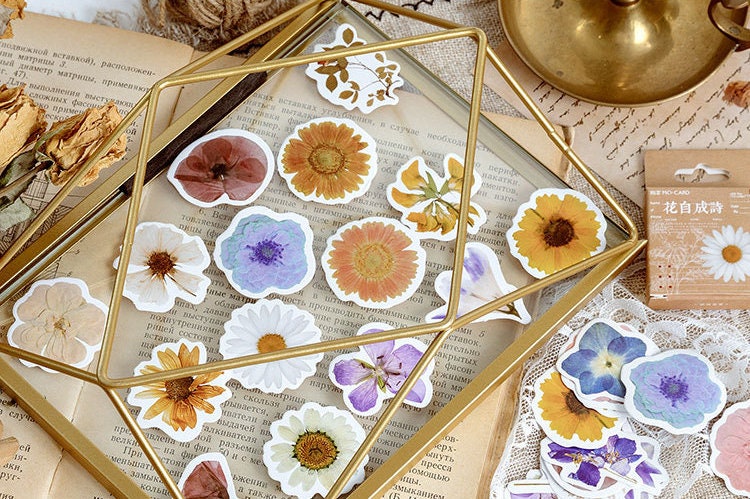 NESSCCI Pressed Flower Themed Stickers (Assorted 240 Pieces,12 Sheets) Scrapbook Supplies,Stickers for Journaling,Dried Floral Resin Stickers