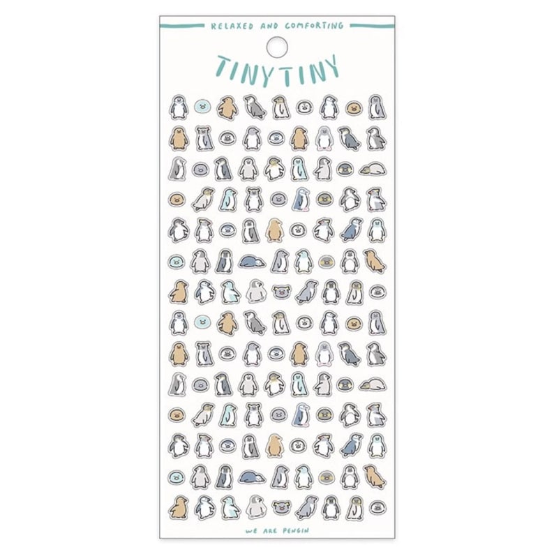 May include: A sheet of stickers featuring a variety of penguin illustrations in blue, gray, and beige. The stickers are arranged in rows and columns on a white background. The text "TINY TINY" is printed in blue at the top of the sheet. The text "WE ARE PENGUIN" is printed in blue at the bottom of the sheet.