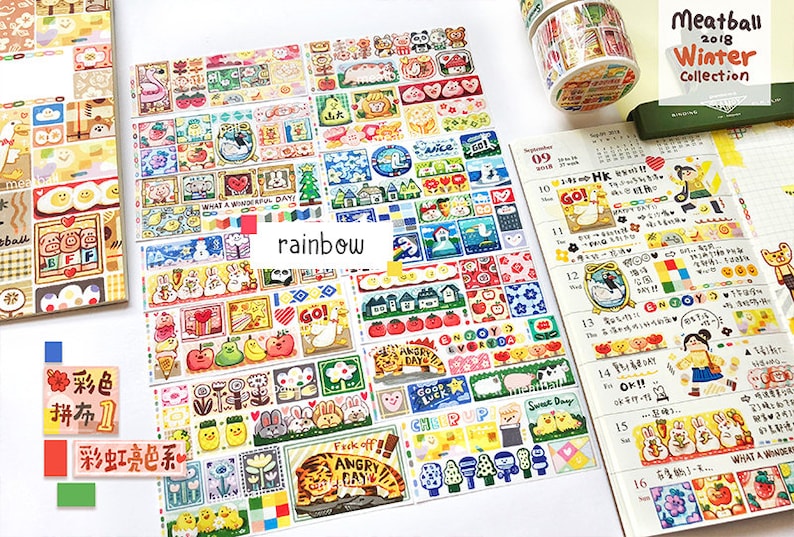 Doodle Masking Tape Deco Tape for Bullet Journal Meatball Series Washi Tape Roll Meatball Color Patchwork Washi Tape Rainbow
