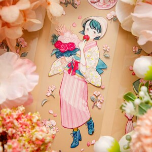Cherry Blossom Girls Masking Tape, Takase River Cherry Blossom, Original Girls Illustration Washi and PET Tape for Collage Journal, Planner