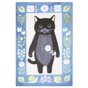 Black Cat Postcard, 4Legs Illustrated Post Card, Kitty and Flowers, Snail Greeting Card, Birthday Card