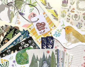 Birds Themed Paper Goods Set, 4Legs Original Design, Bird Postcard and Decorative Paper for Collage and Scrapbook, Japanese Stationery