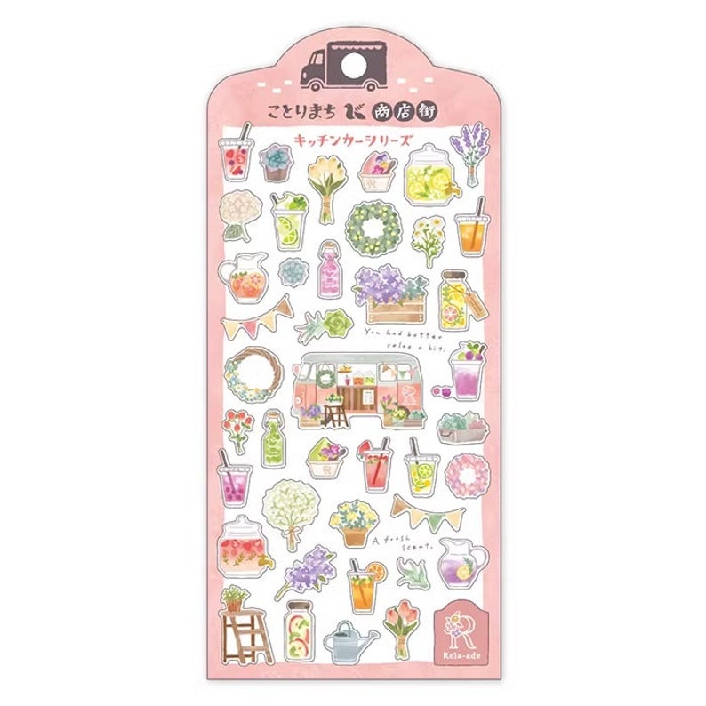May include: A sheet of colorful stickers featuring a variety of images related to a lemonade stand, including flowers, plants, drinks, and a vintage van. The text on the sheet reads "Let's go to the store" and "Summer Drink Series".
