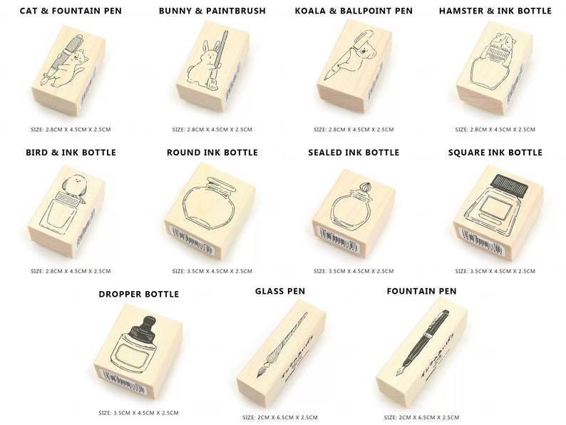 May include: Set of 10 wooden stamps featuring various animal and writing utensil designs. The stamps are approximately 2.8 cm x 4.5 cm x 2.5 cm in size. The designs include a cat with a fountain pen, a bunny with a paintbrush, a koala with a ballpoint pen, a hamster with an ink bottle, a bird with an ink bottle, a round ink bottle, a sealed ink bottle, a square ink bottle, a dropper bottle, a glass pen, and a fountain pen.