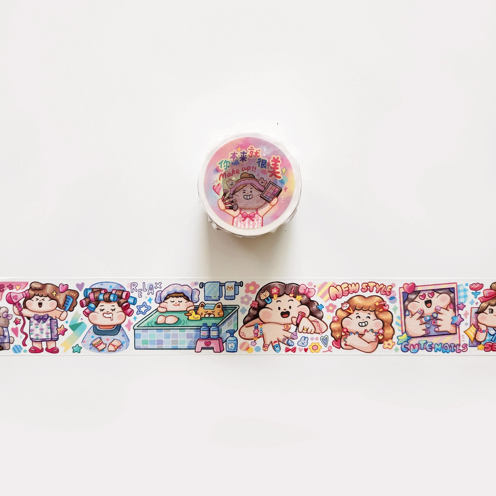 Makeup Washi Tape, Beautiful You, Meatball Original Girls Illustration Masking Tape, Spa Day, Self Care Sticker Tape for Planner and Journal