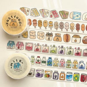 Food and Drinks Washi Tape, XXKK Studio Illustrated Masking Tape, Sandwich, Onigiri, Soft Drinks Sticker Tape for Planner and Journal