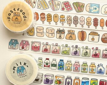 Food and Drinks Washi Tape, XXKK Studio Illustrated Masking Tape, Sandwich, Onigiri, Soft Drinks Sticker Tape for Planner and Journal