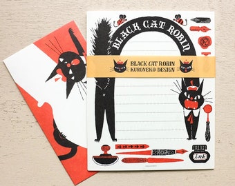 Black Cat Robin Zestaw papieru i kopert, Cozyca, Kitty in Paris, List od przyjaciela, Papier piśmienniczy do pisania, prowadzenia dziennika i majsterkowania