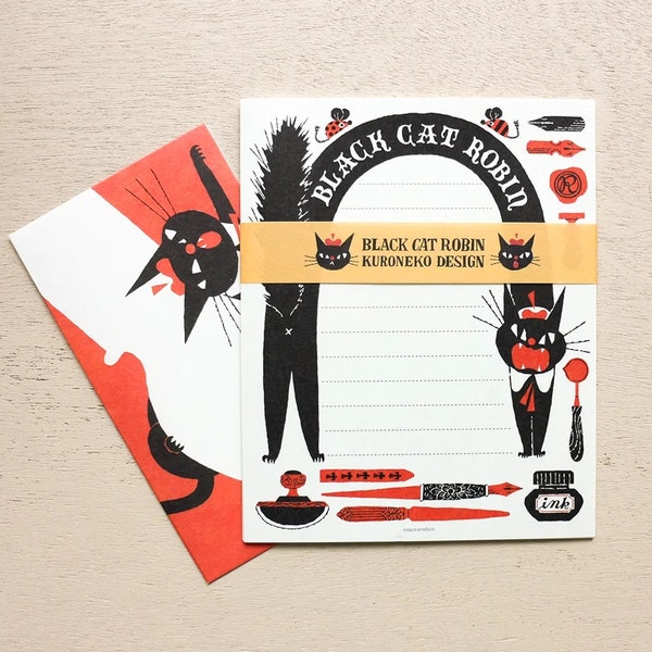 Black Cat Robin A Paper and Envelope Set, Cozyca, Kitty in Paris, Penpal Letter, Stationery Paper for Writing, Journaling and Crafting