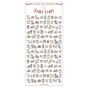 May include: A sheet of stickers featuring various dog breeds in different poses. The stickers are outlined in black and filled with pastel colors. The sheet is white with the text "RELAXED AND COMFORTING" and "TINY TINY" at the top and "WE ARE INU" at the bottom.