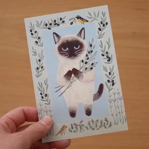 Carte postale de chat siamois, carte postale illustrée de 4 jambes, carte de voeux de chaton et d'oiseau, carte d'anniversaire de chat, papeterie japonaise