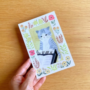 Gray Tabby Playing Piano Postcard, Penchant Mushroom, 4Legs Illustrated Post Card, Kitty Greeting Card, Cat Birthday Card