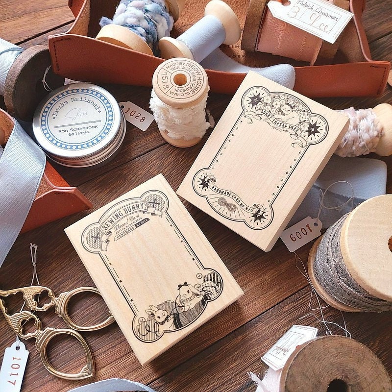 Bunny Thread Bobbin Rubber Stamp, Kumayankee Original Design Rabbit Wooden Stamp, Spool, DIY Thread Card for Lace, Ribbon, Junk Journal
