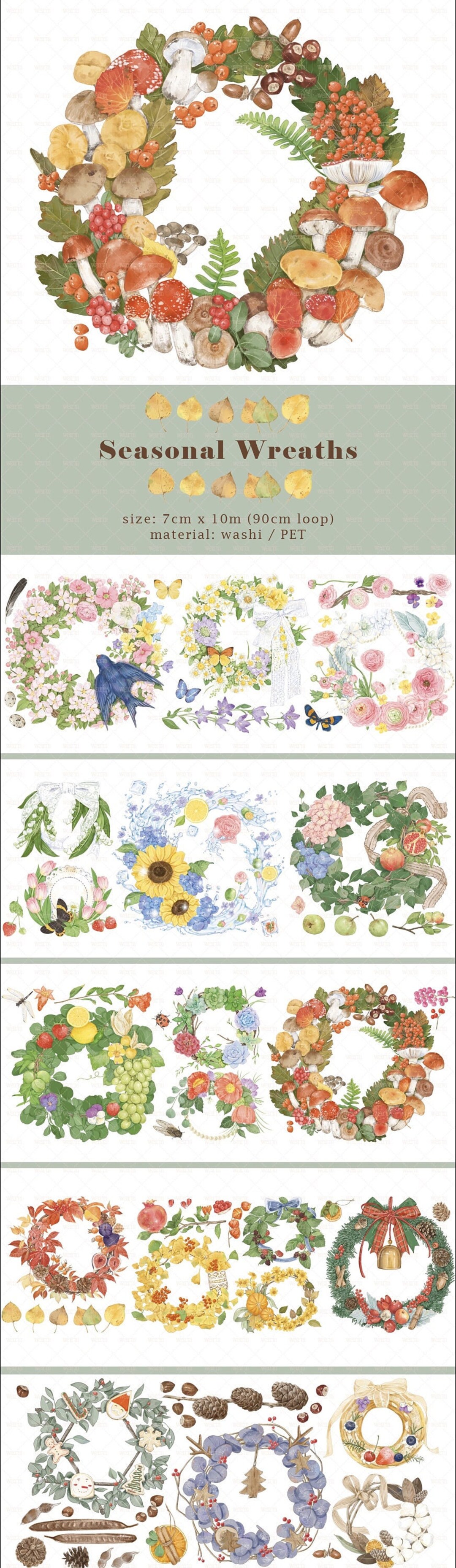 Tape Sample, Seasonal Wreaths Washi and PET Tape Sample, Flower Wreath