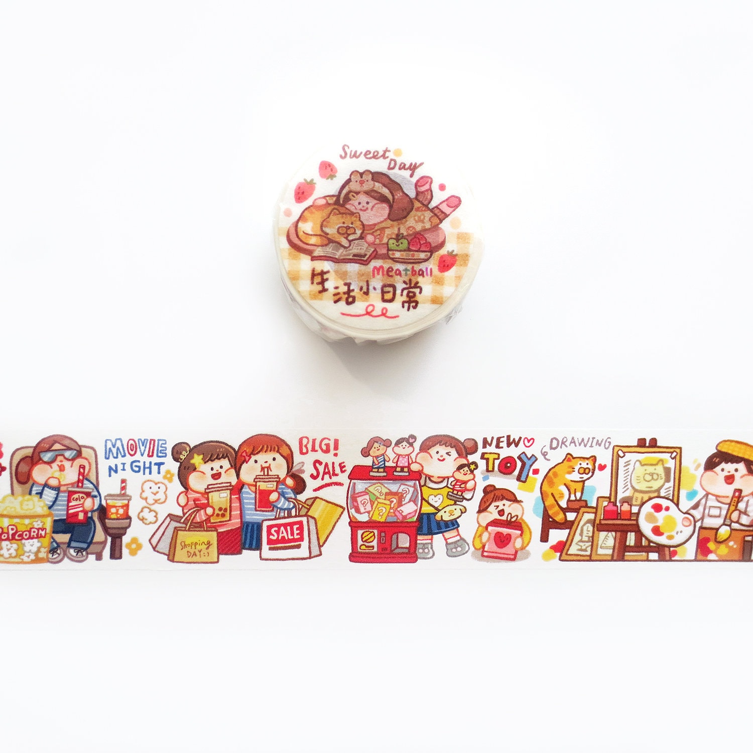 Daily Life Washi Tape, Meatball Series Original Girl Illustration Washi Roll, Movies, Shopping, Work, Gardening Masking Tape