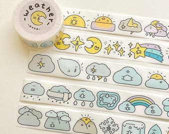 Weather Washi Tape, XXKK Studio Illustrated Masking Tape, Sun, Cloud, Moon, Stars, Rainbow, Kawaii Journal Stickers