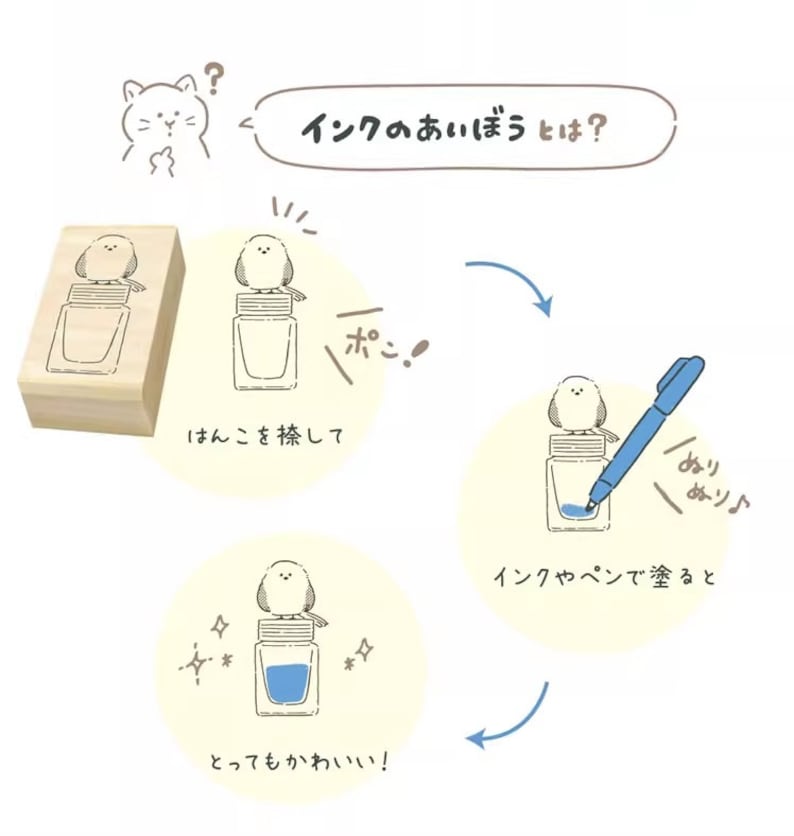 May include: A step-by-step guide on how to use a rubber stamp to create a cute ink bottle design. The image shows a wooden stamp with a bird perched on top of an ink bottle, a blank ink bottle, and a finished ink bottle with blue ink. The text in the image reads: "Ink's best friend?", "Stamp it", "Color it with ink or pen", and "So cute!"