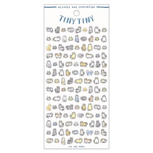 May include: A sheet of stickers featuring a variety of cute cats in different poses. The cats are drawn in a simple, cartoon style and are colored in shades of gray, yellow, and blue. The stickers are arranged in rows on a white background. The text "Tiny Tiny" and "We are Neko" are printed on the sheet.