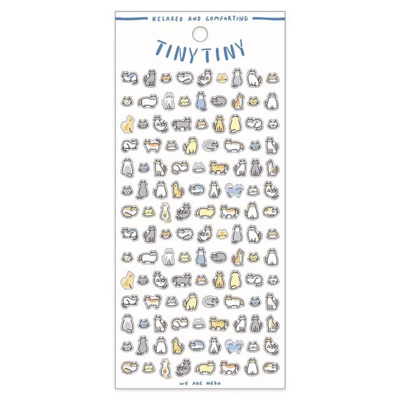 May include: A sheet of stickers featuring a variety of cute cats in different poses. The cats are drawn in a simple, cartoon style and are colored in shades of gray, yellow, and blue. The stickers are arranged in rows on a white background. The text "Tiny Tiny" and "We are Neko" are printed on the sheet.