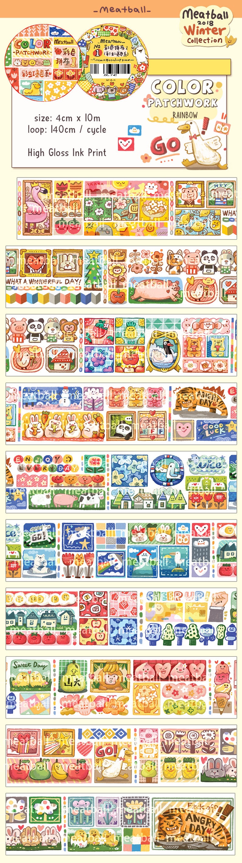 Doodle Masking Tape Deco Tape for Bullet Journal Meatball Series Washi Tape Roll Meatball Color Patchwork Washi Tape Rainbow