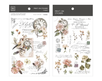 MU Lifestyle-stickers afdrukken 210, bloem- en vogelaquarel op stickervel, vintage klokafdrukstickers voor planner